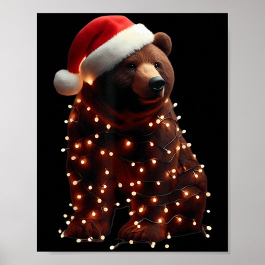 サンタ帽子とクリスマスイルミネーションのクマ Xmas ブラウ ポスター (正面)