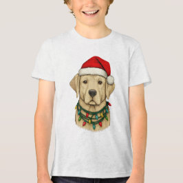 サンタ帽子とホリデーを楽しむかわいいクリスマスラブラドール トライブレンドＴシャツ