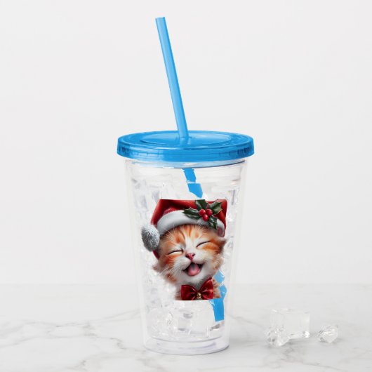 サンタ帽子と蝶ネクタイが可愛いクリスマス猫 アクリルタンブラー (アイス正面)