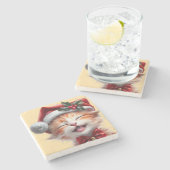 サンタ帽子と蝶ネクタイが可愛いクリスマス猫 ストーンコースター (横)