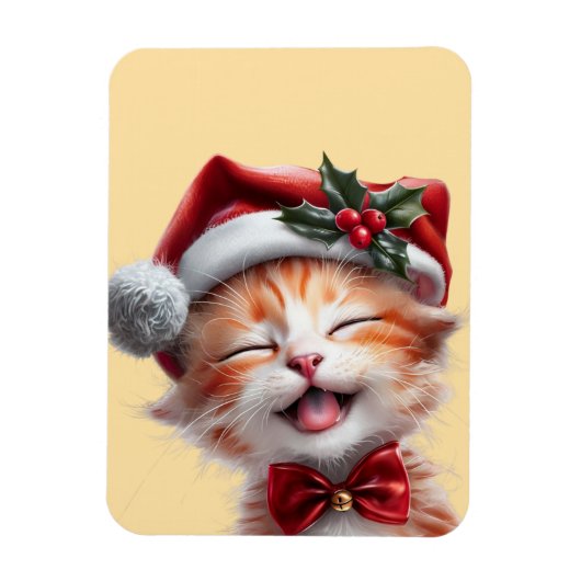 サンタ帽子と蝶ネクタイが可愛いクリスマス猫 マグネット (縦)