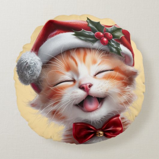 サンタ帽子と蝶ネクタイが可愛いクリスマス猫 ラウンドクッション (正面)