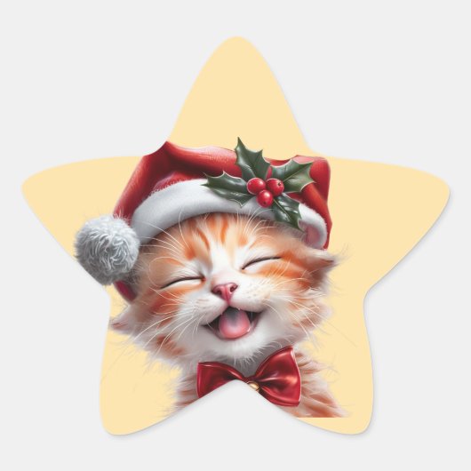 サンタ帽子と蝶ネクタイが可愛いクリスマス猫 星シール (正面)