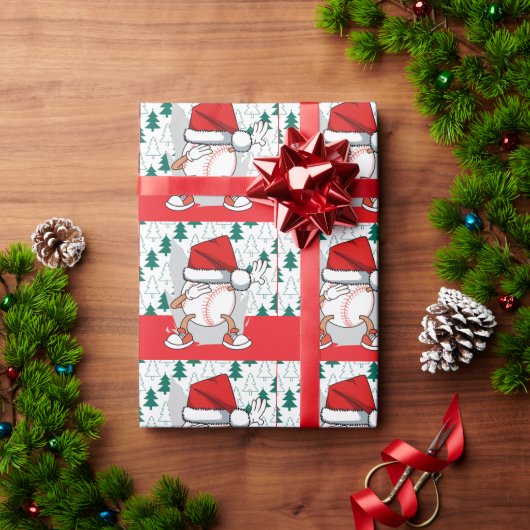 サンタ帽子と野球のクリスマス ラッピングペーパー (クリスマスギフト)