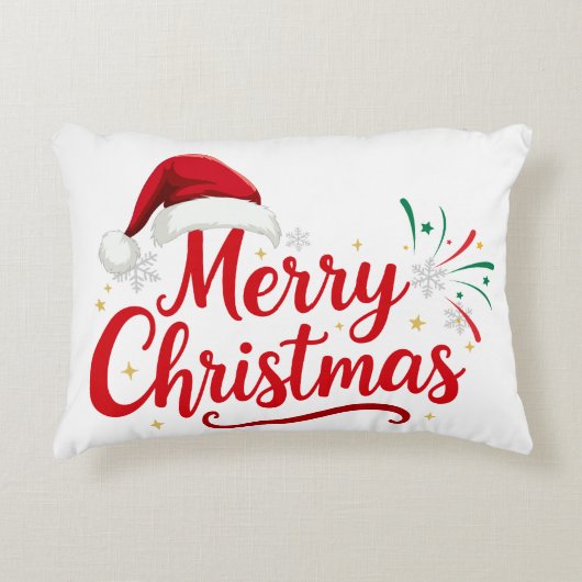 サンタ帽子と雪のメリークリスマスタイポグラフィ アクセントクッション (正面)