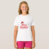 サンタ帽子と雪のメリークリスマス・タイポグラフィ Tシャツ (正面フル)