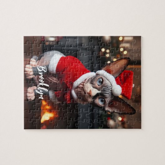 サンタ帽子に美しいスフィンクス猫 ジグソーパズル (横)
