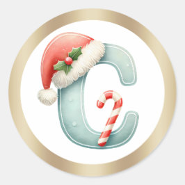 サンタ帽子のイニシャルCのクリスマスステッカー ラウンドシール