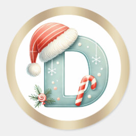 サンタ帽子のイニシャルDのクリスマスステッカー ラウンドシール
