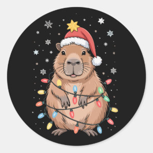 サンタ帽子のカピバラ クリスマスイルミネーション ツリー ラウンドシール