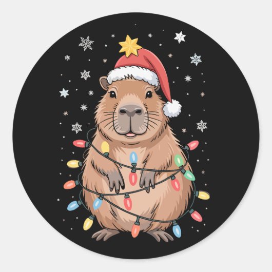 サンタ帽子のカピバラ クリスマスイルミネーション ツリー ラウンドシール (正面)