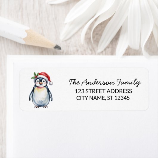 サンタ帽子のキュートなペンギン クリスマス 返信住所ラベル ラベル (インサイチュ)