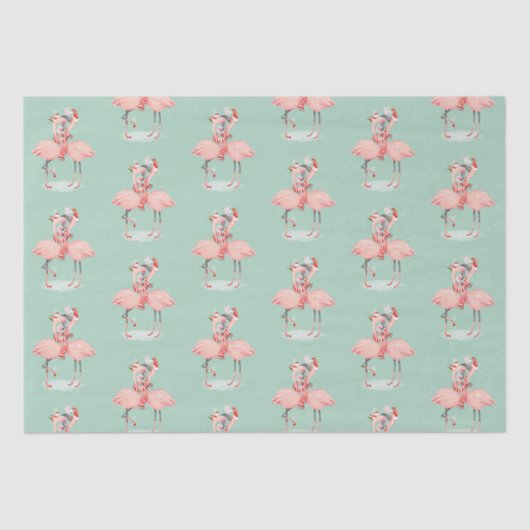 サンタ帽子のクリスマスを持つ熱帯ピンクのフラミンゴ 薄葉紙 (正面)