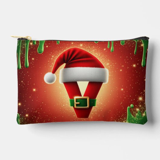 サンタ帽子のクリスマスイニシャルV モノグラム アクセサリーポーチ (正面)