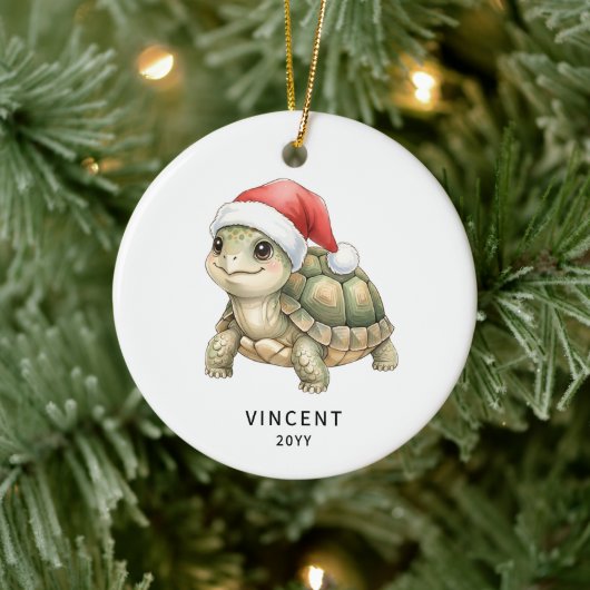 サンタ帽子のクリスマスガメ 名前入り セラミックオーナメント (ツリー)