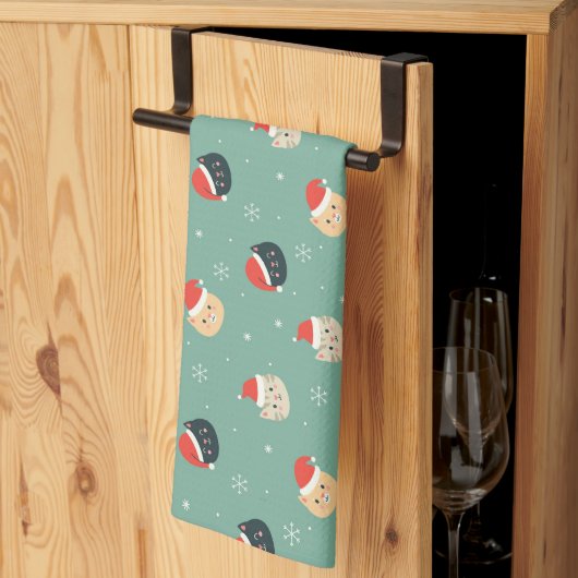 サンタ帽子のクリスマスキャッツ キッチンタオル (三つ折り)