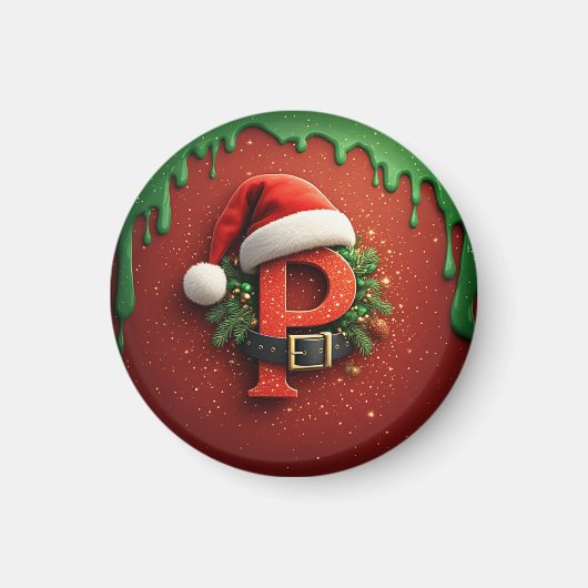 サンタ帽子のクリスマスギフトモノグラムP マグネット (正面)