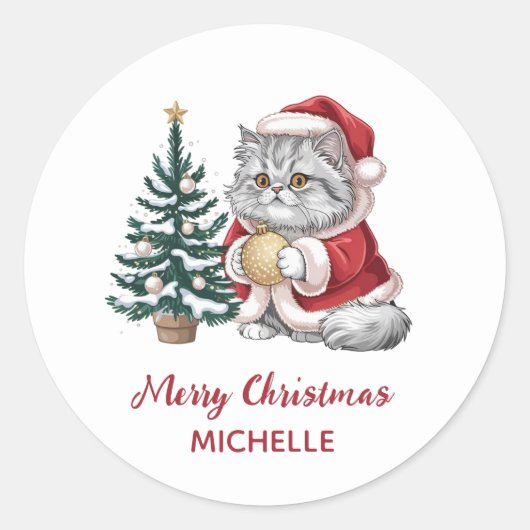 サンタ帽子のクリスマスツリーの猫のイラスト ラウンドシール (正面)