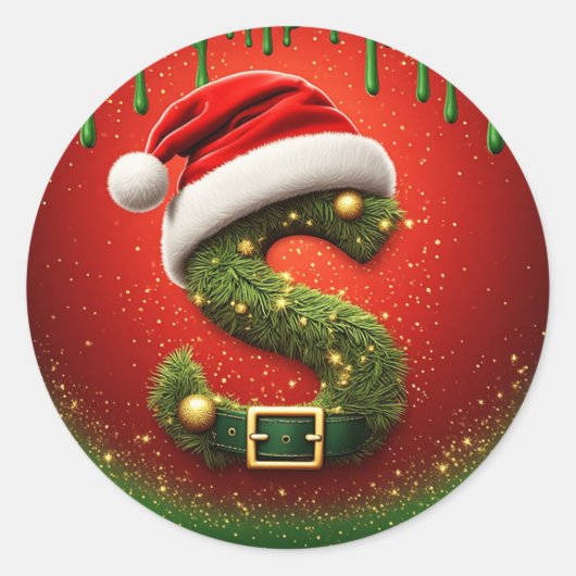 サンタ帽子のクリスマスモノグラムS ホリデーギフト ラウンドシール (正面)