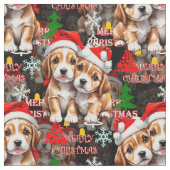 サンタ帽子のクリスマス犬のデザイン - 黒 ファブリック (クローズアップ)