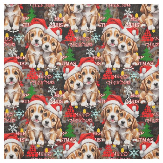 サンタ帽子のクリスマス犬のデザイン - 黒 ファブリック (見本)