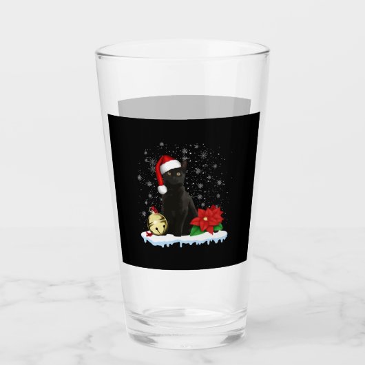 サンタ帽子のクリスマス猫の衣装を着た黒猫 タンブラーグラス (正面)