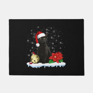 サンタ帽子のクリスマス猫の衣装を着た黒猫 ドアマット