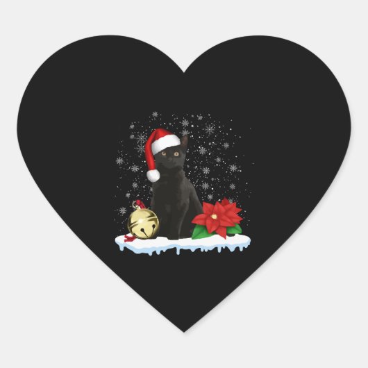 サンタ帽子のクリスマス猫の衣装を着た黒猫 ハートシール (正面)
