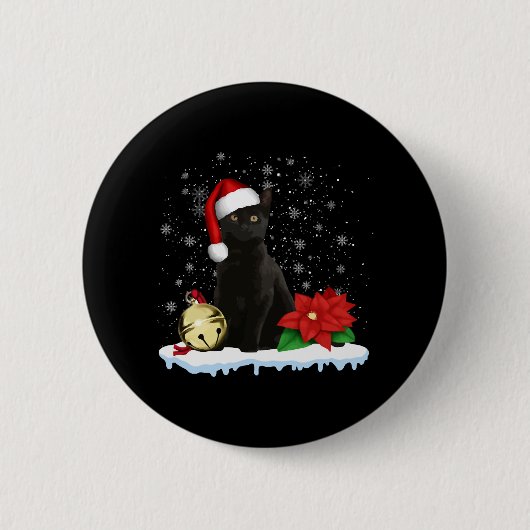 サンタ帽子のクリスマス猫の衣装を着た黒猫 缶バッジ (正面)