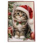 サンタ帽子のクリスマス猫 ミディアムペーパーバッグ (正面)