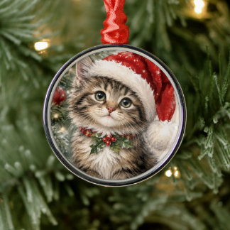 サンタ帽子のクリスマス猫 メタルオーナメント