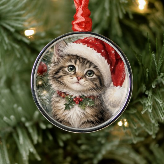 サンタ帽子のクリスマス猫 メタルオーナメント (ツリー)