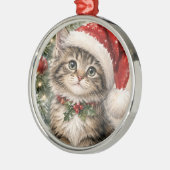 サンタ帽子のクリスマス猫 メタルオーナメント (左)