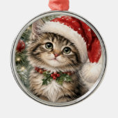 サンタ帽子のクリスマス猫 メタルオーナメント (正面)
