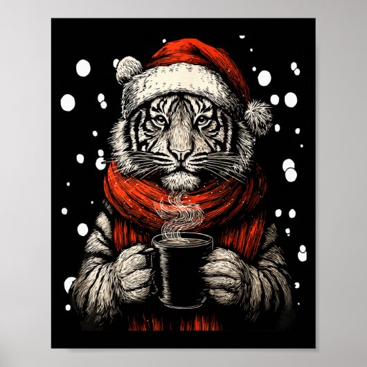 サンタ帽子のクリスマス虎 コーヒー好き 楽しい ポスター (正面)
