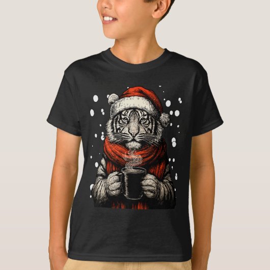 サンタ帽子のクリスマス虎 コーヒー好き 楽しい Tシャツ (正面)