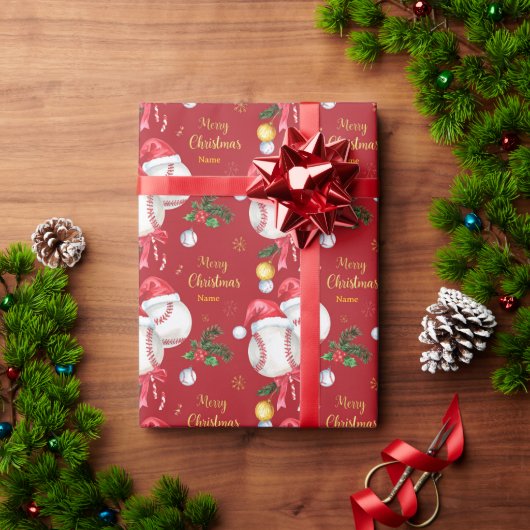 サンタ帽子のクリスマス野球 ラッピングペーパー (クリスマスギフト)