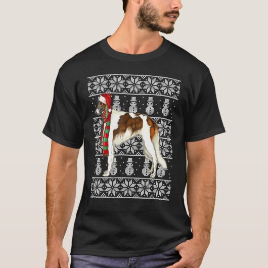 サンタ帽子のクリスマス・ボルゾイのユーモラスなクリスマス Tシャツ (正面)