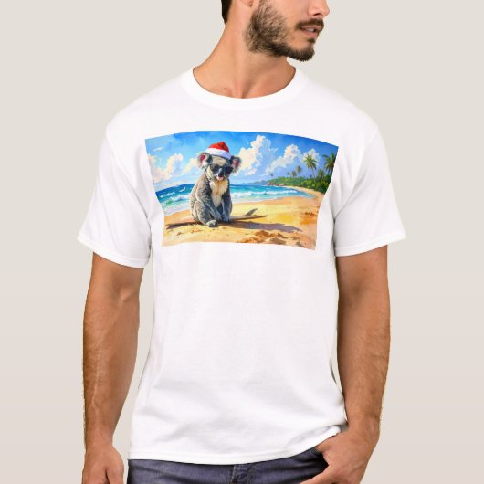 サンタ帽子のコアラと太陽と波 Tシャツ (正面)
