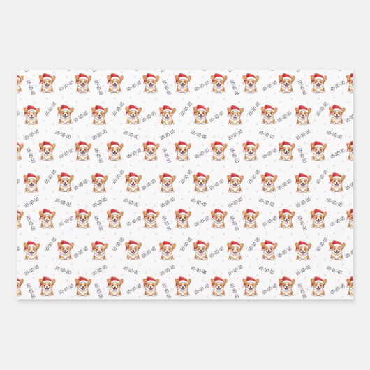 サンタ帽子のコーギスのクリスマスパターン ラッピングペーパーシート (正面2)
