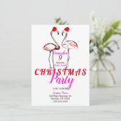 サンタ帽子のピンクのフラミンゴスのクリスマスパーティー 招待状 (スタンド正面)