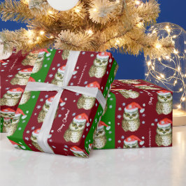 サンタ帽子のフクロムクリスマスパターン，赤と緑 ラッピングペーパー