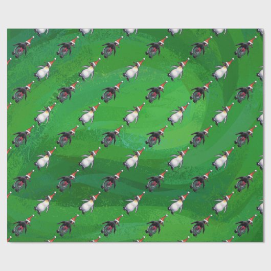 サンタ帽子のペンギン緑のパターン ラッピングペーパー (フラット)