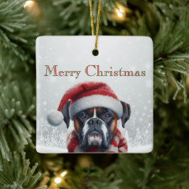 サンタ帽子のボクサー犬のクリスマス セラミックオーナメント