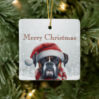 サンタ帽子のボクサー犬のクリスマス セラミックオーナメント