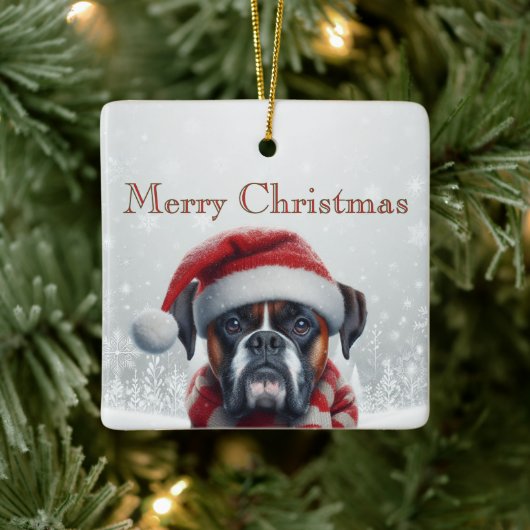 サンタ帽子のボクサー犬のクリスマス セラミックオーナメント (ツリー)