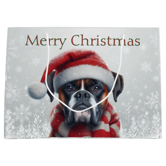 サンタ帽子のボクサー犬のクリスマス ラージペーパーバッグ (正面)