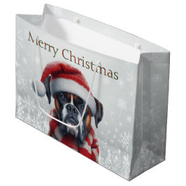 サンタ帽子のボクサー犬のクリスマス ラージペーパーバッグ