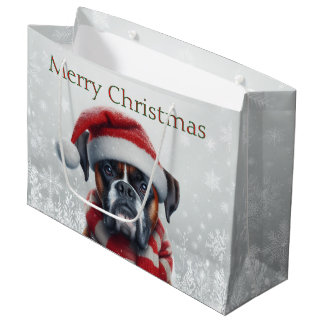 サンタ帽子のボクサー犬のクリスマス ラージペーパーバッグ