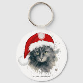 サンタ帽子のメリークリスマスの水彩猫 キーホルダー (正面)